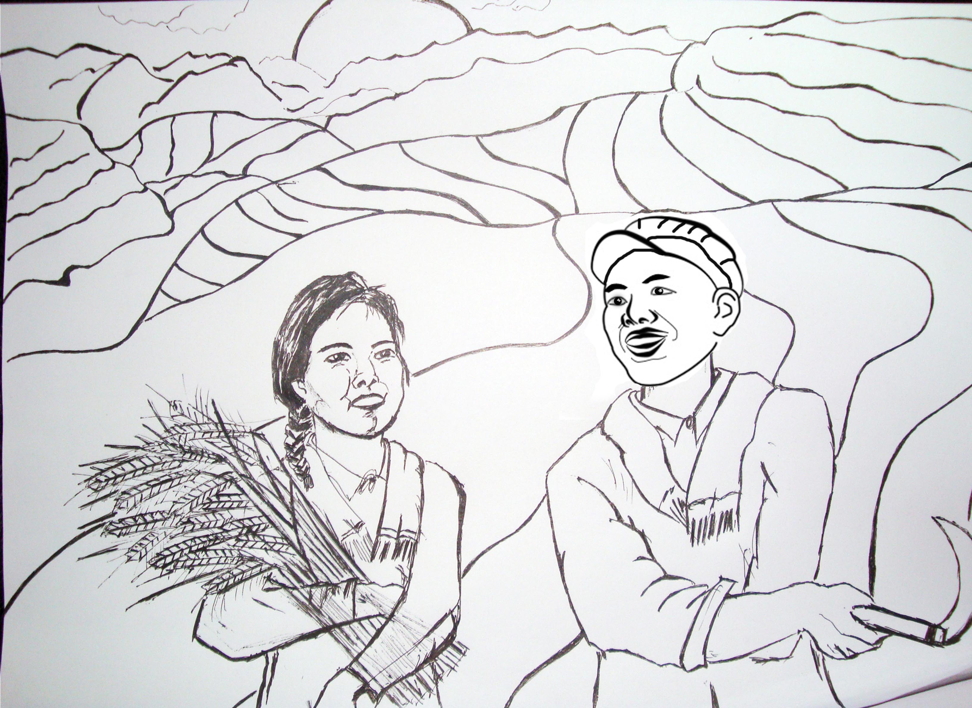 求一副反映中国20世纪五六十年代农民精神面貌的黑白素描画或线条画